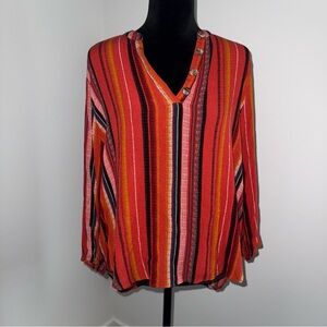New Directions Striped V-Neck Button Detail Top Large